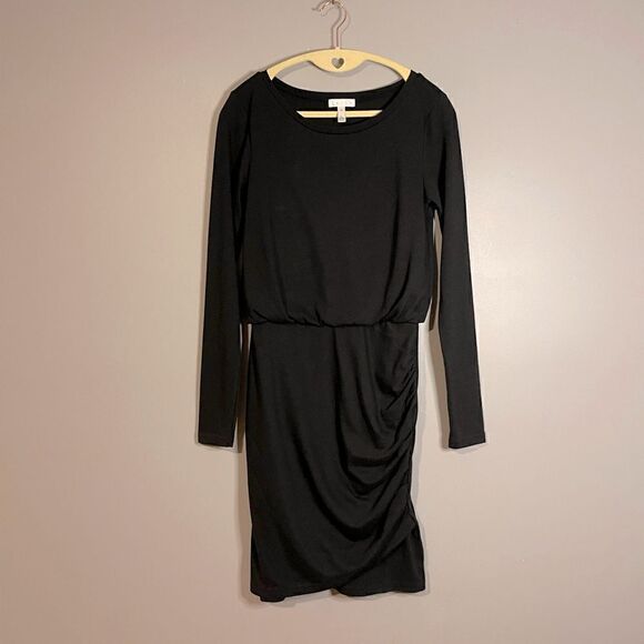 Nordstrom Leith Black Long Sleeve Side Skirt Ruching Mini Dress | SZ XS - Picture 4 of 10